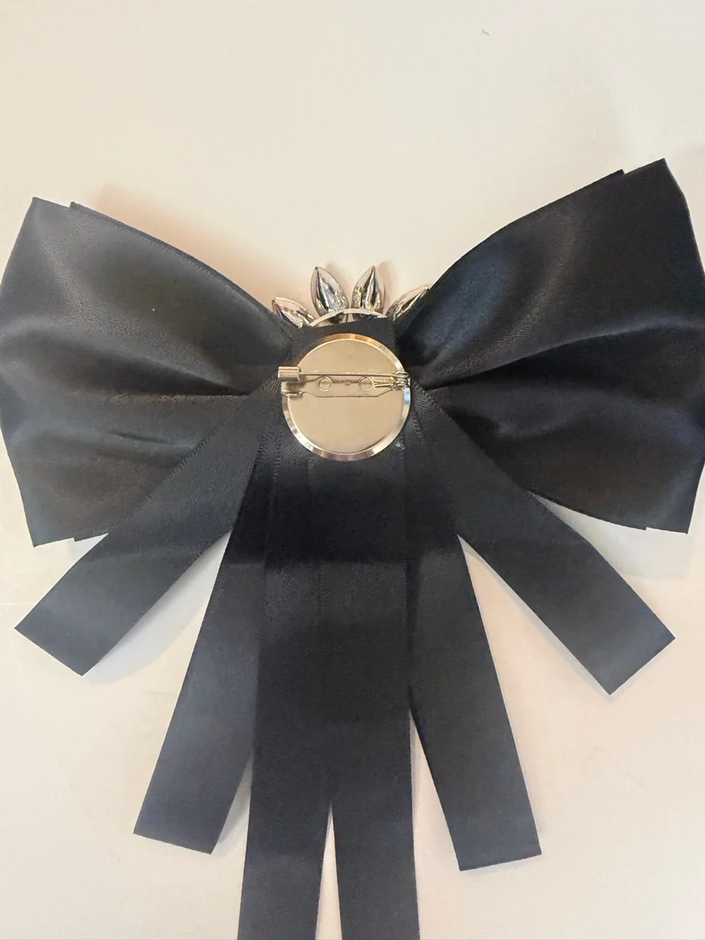 Black Satin Bow Brooch with Crystal Center